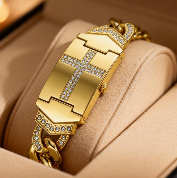 ⏰50% OFF !! ✝️ Sparkling Crystal Cross Watch—Geometric Rectangular Dial, Premium Metal Strap 💎